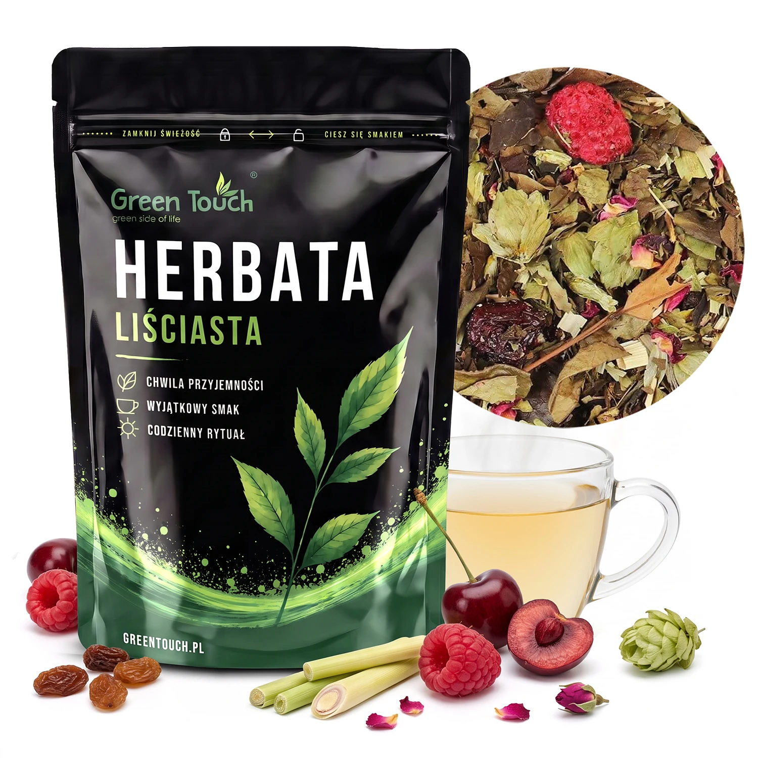 Hop & Rose 50 g – biała herbata, opakowanie i napar