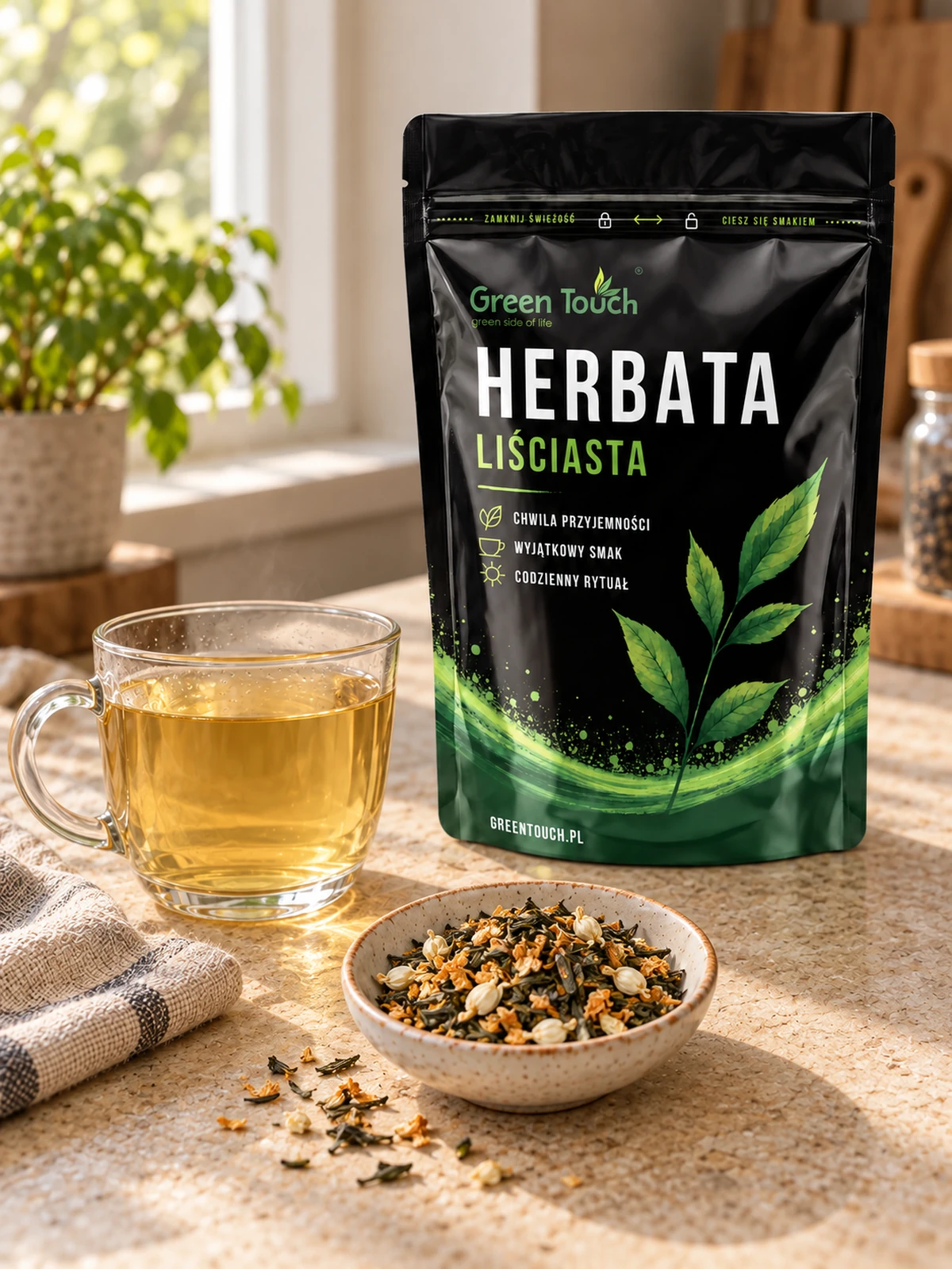 Jaśminowy Świt – torebka i napar herbaty
