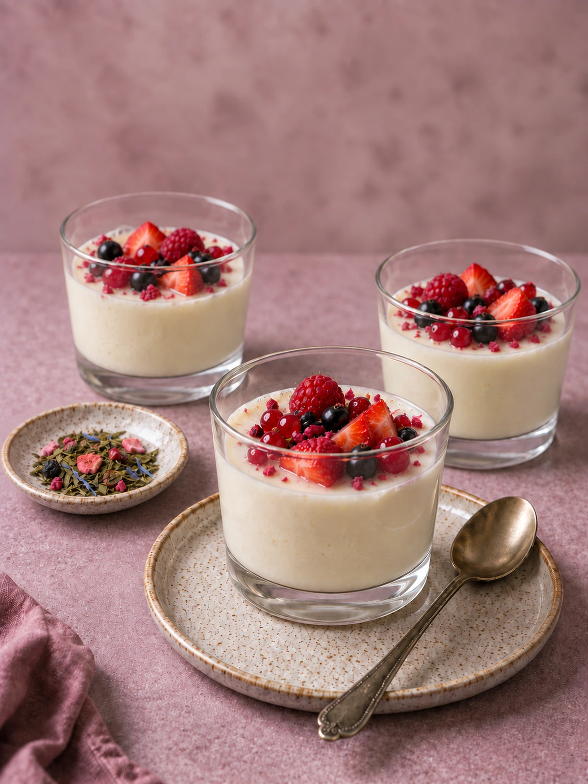 Deser jogurtowy z herbatą Berry Fusion i owocami leśnymi