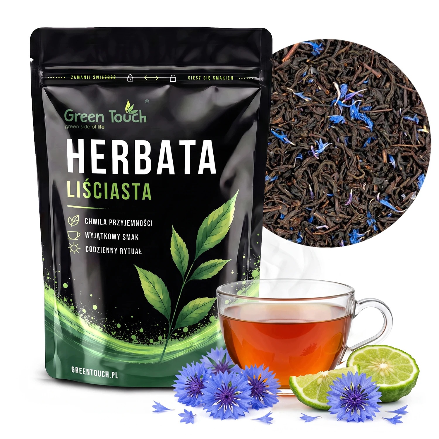 Earl Grey Blue niebieski Assam 100 g – packshot z filiżanką i suszem