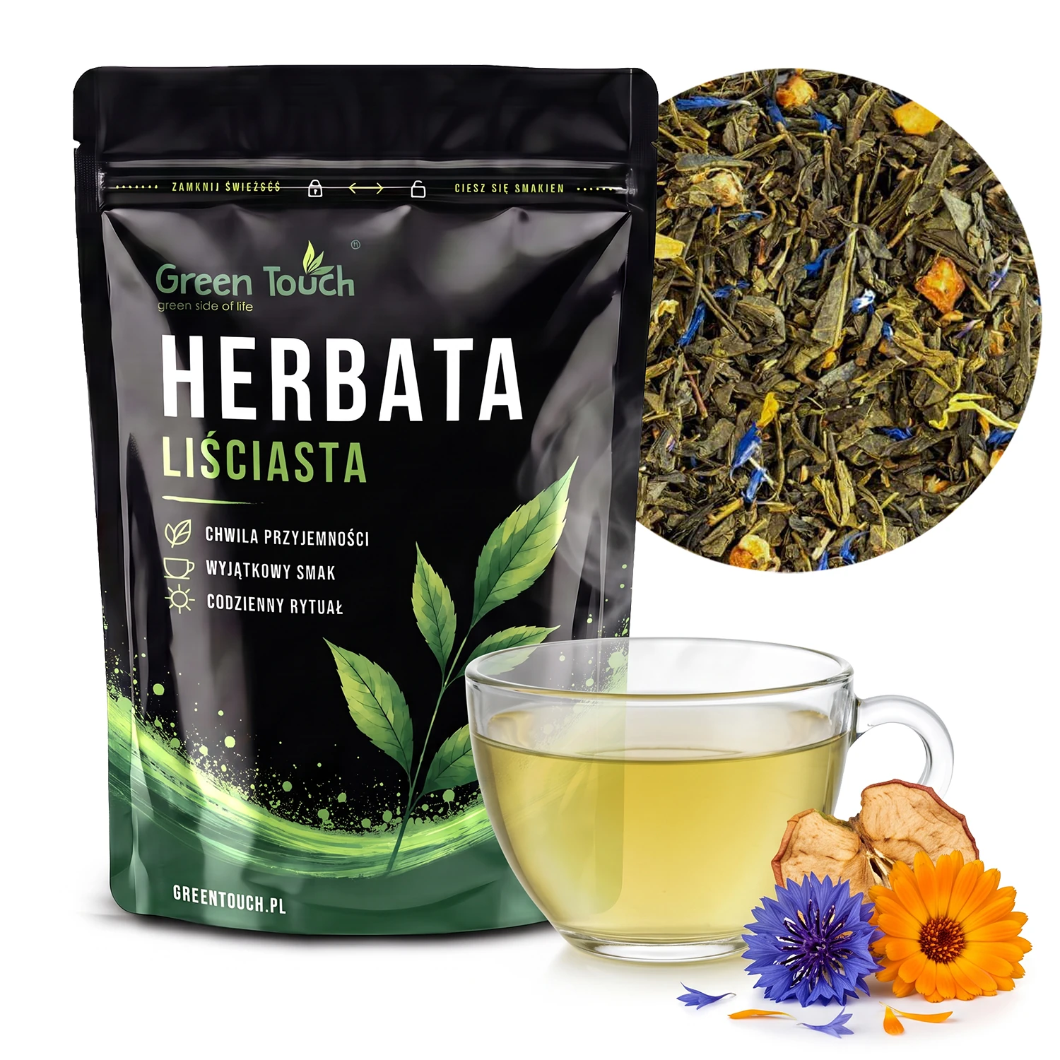 Poranna Aura 50 g — herbata zielona, opakowanie i susz
