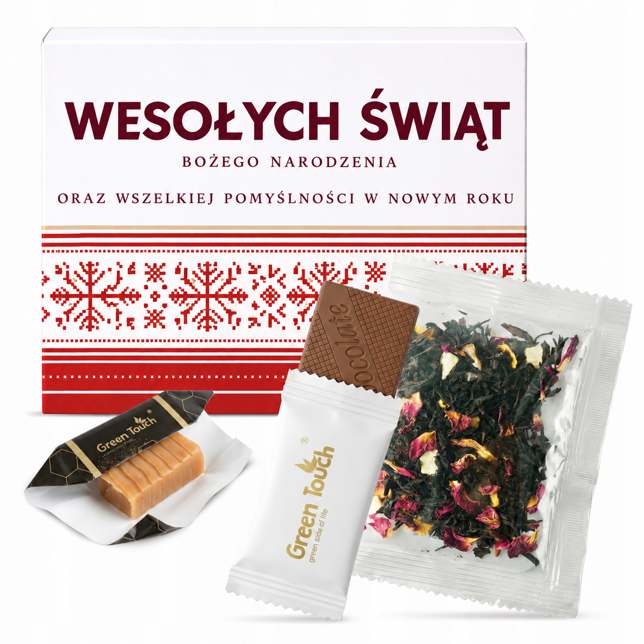prezent na święta i mikołajki – box z herbatą, krówką i czekoladą, nadruk wzór 94