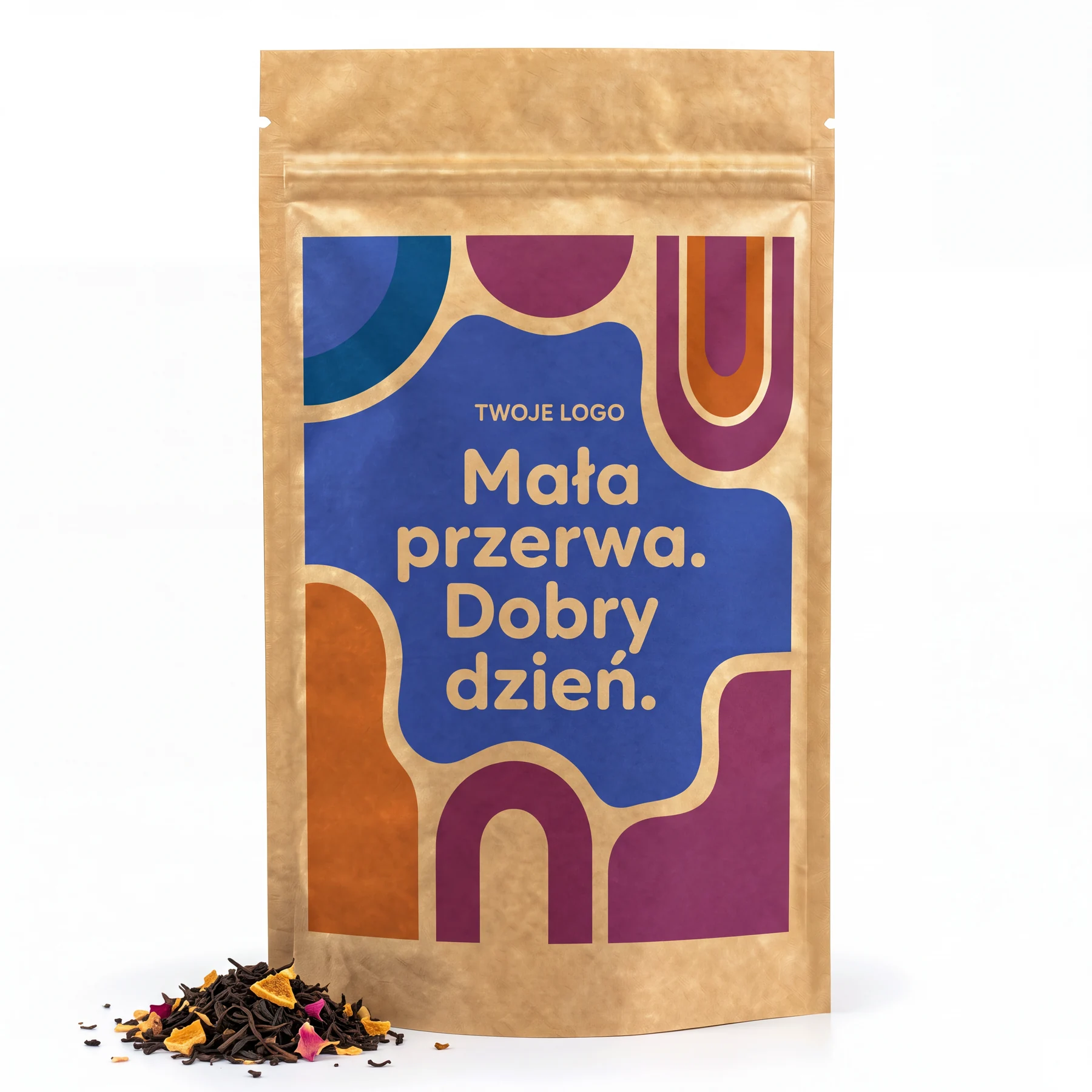 Kolorowy nadruk Mała przerwa. Dobry dzień. na kraftowej torebce z miejscem na logo firmy