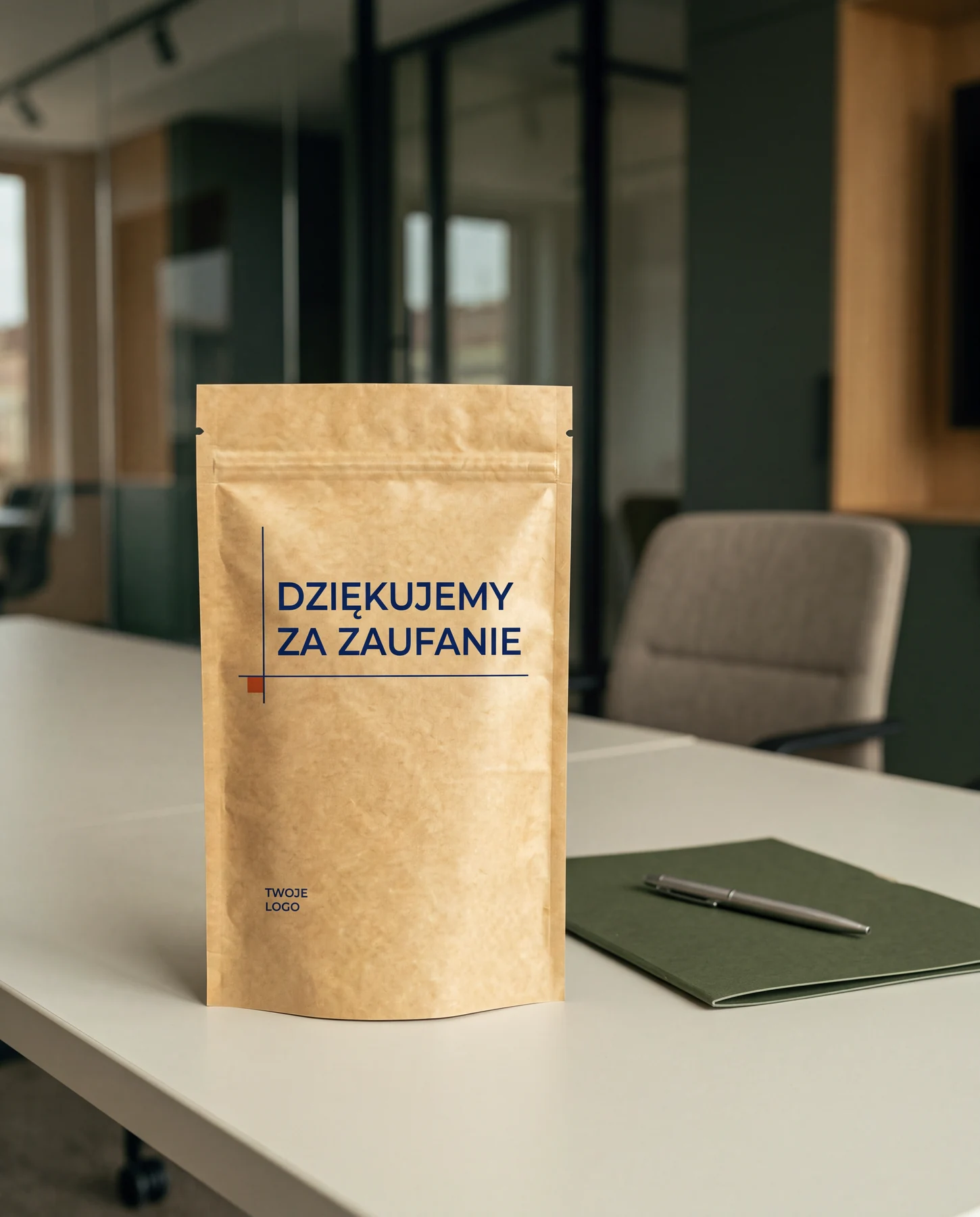 Firmowy upominek z herbatą w kraftowej torebce z nadrukiem Dziękujemy za zaufanie