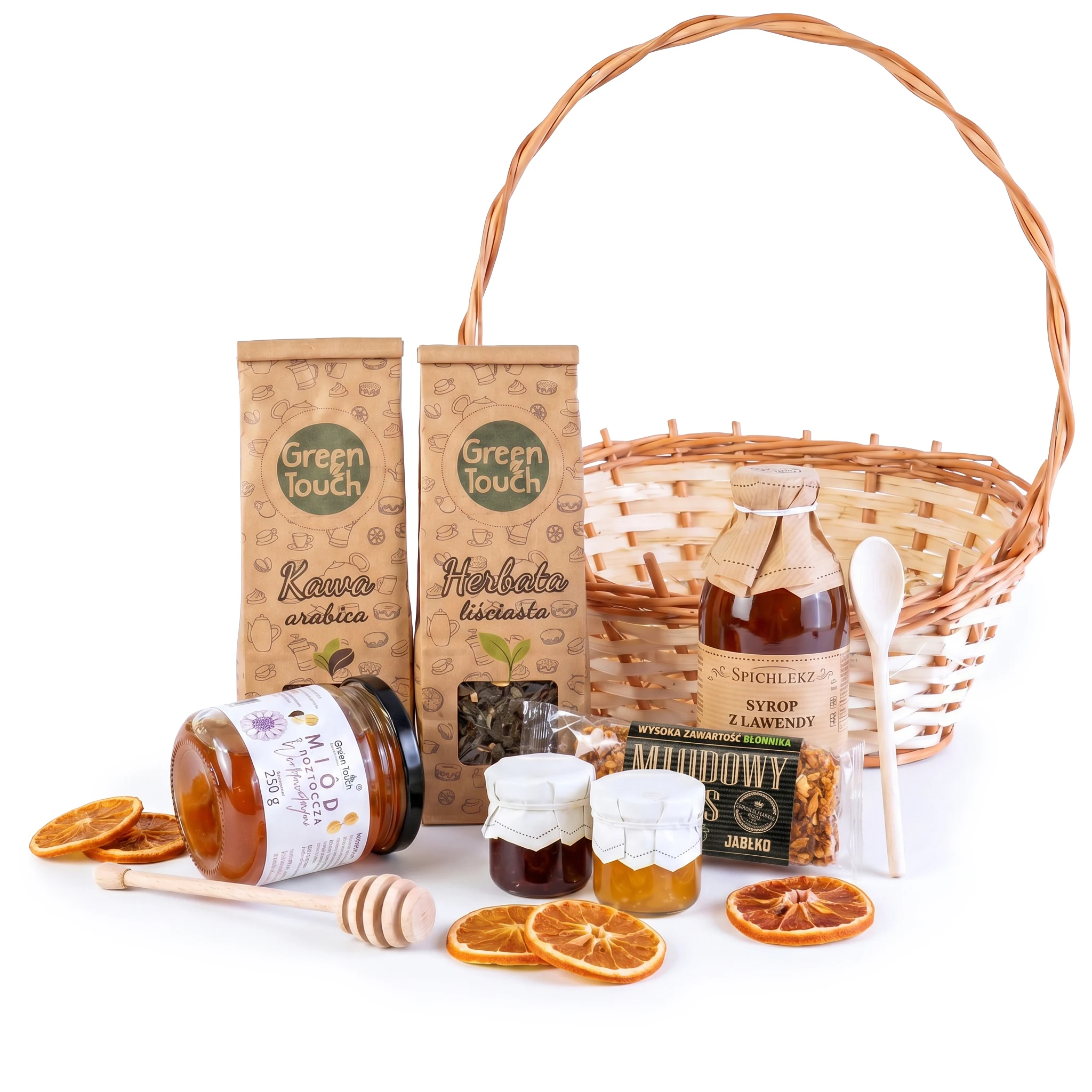 Zawartość kosza prezentowego KR51 – produkty luzem i pusty koszyk wiklinowy